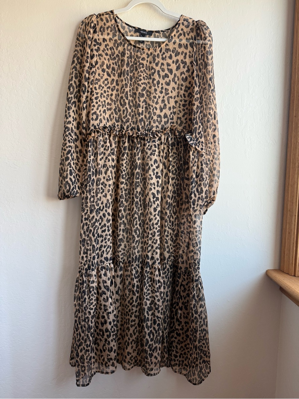 Beige and Black Leopard Print Long Sleeve Tiered Dress - sheer